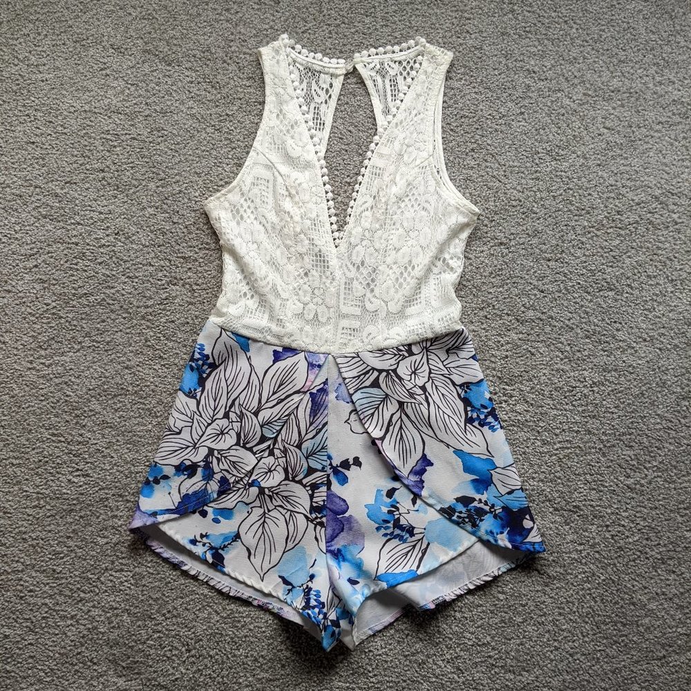 White Lace Blue Floral Romper